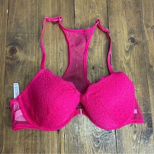 Victorias Secret size 36B hot pink mesh leopard print bra racerback demi